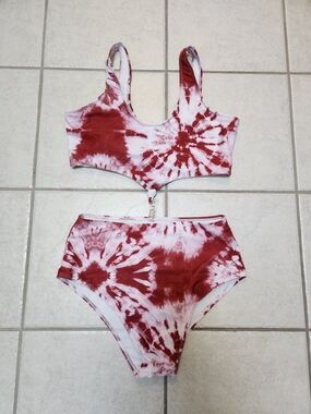 SHEIN Maroon and White Tie-Dye High-Waist Bikini Set